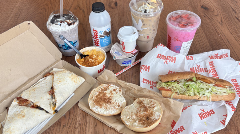 multiple drinks and food items from Wawa