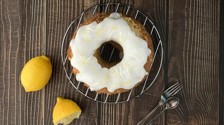 Overhead view of a lemon bundt cake with white frosting