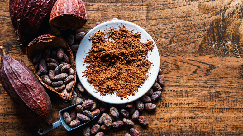 cocoa powder with cacao beans on wooden table