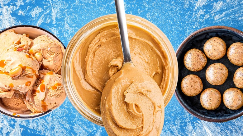 Peanut butter in various forms against blue background
