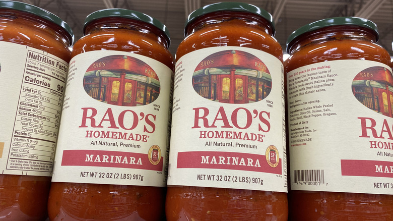 Four jars of Rao's Homemade Marinara Sauce lined up in a row