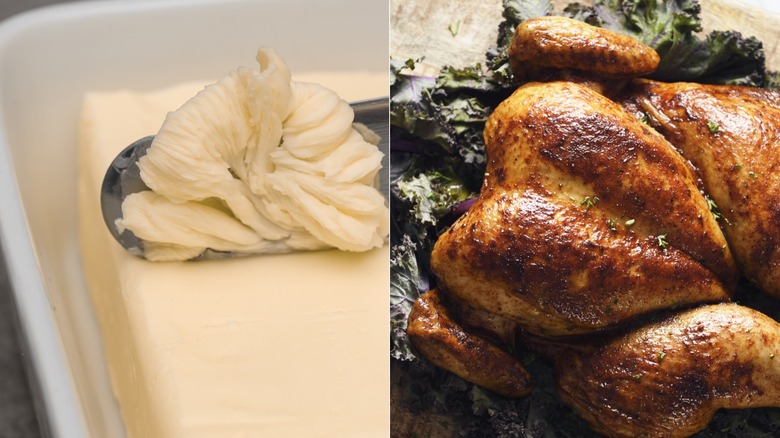 A side-by-side image showing a knife scooping butter from a tub and a juicy rotisserie chicken