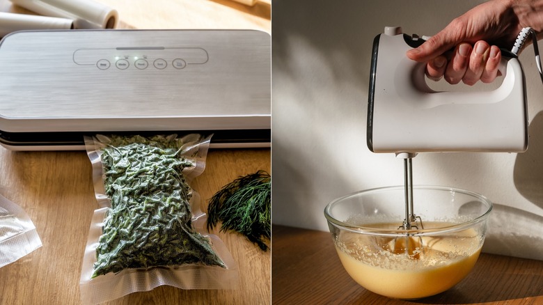 A side-by-side image showing a vacuum sealer sealing a bag of vegetable and a mixer blending ingredients in a bowl