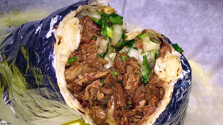 A steak burrito cross-cut