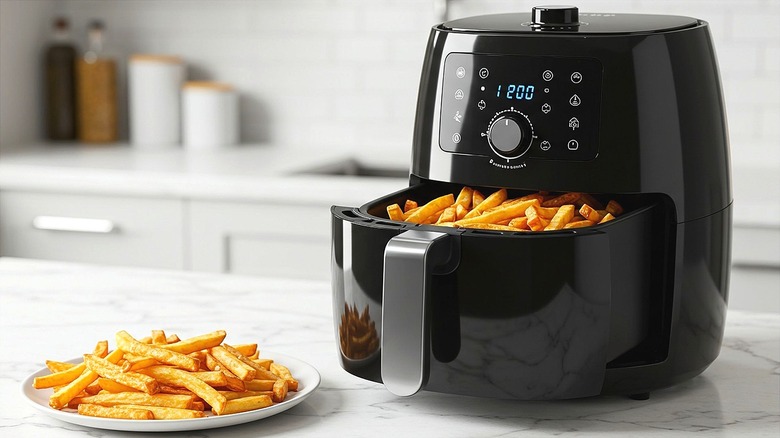 Cooked French fries on a white plate and inside an open air fryer