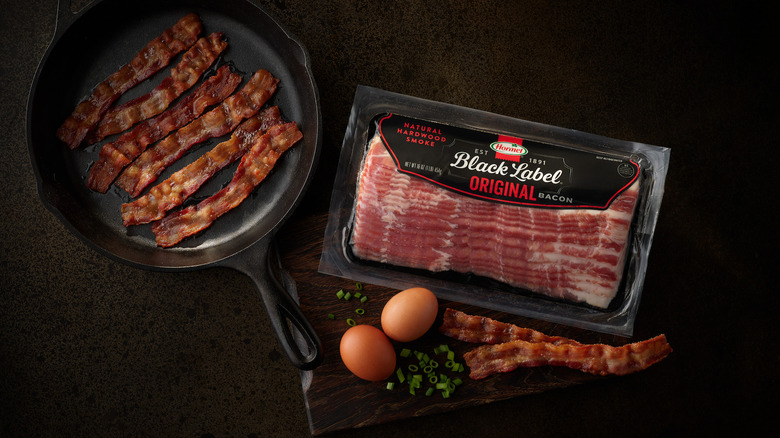hormel bacon in a package and a pan