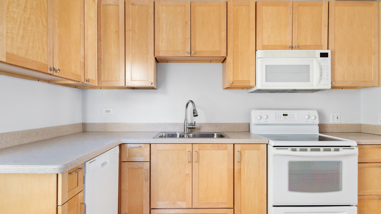 A bare kitchen lined with wooden shaker-style cabinets.