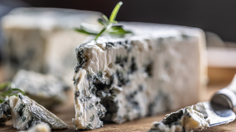 close up roquefort cheese with rosemary