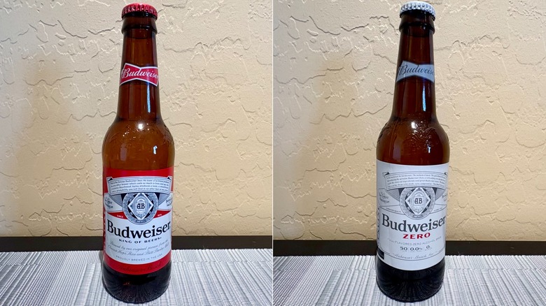 Side by side photos of a Budweiser and Budweiser Zero bottle