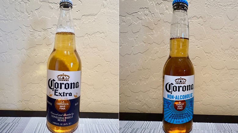 Side by side photos of a Corona Extra and Corona Non-Alcoholic bottle