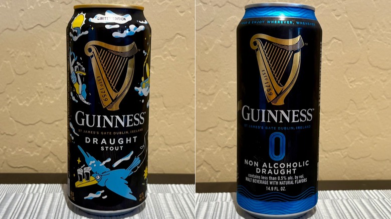 Side by side photos of a Guinness Draught and Guinness 0 can