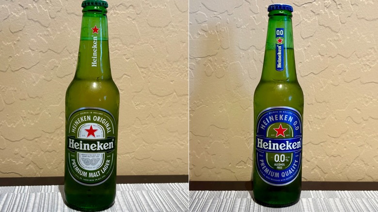 Side by side photos of a Heineken and Heineken 0.0 bottle