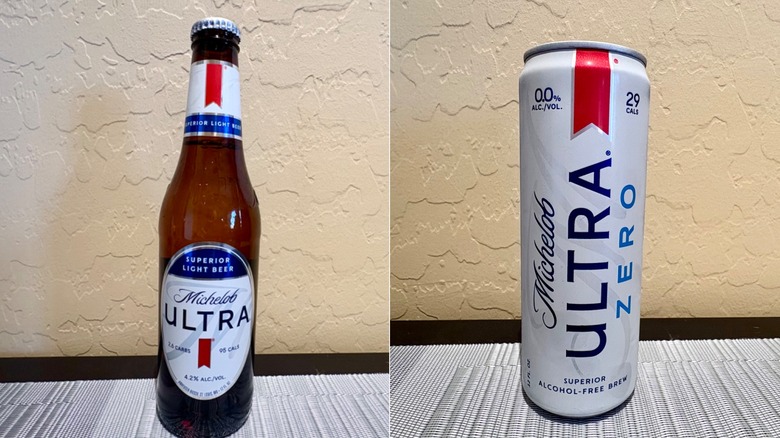 Side by side photos of a Michelob Ultra bottle and Michelob Ultra Zero can