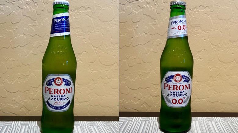 Side by side photos of a Peroni Nastro Azzurro and Peroni Nastro Azzurro 0.0 bottle