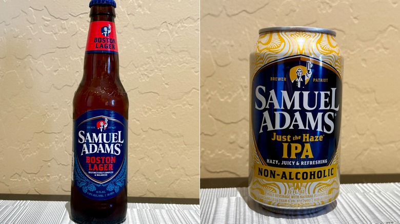 Side by side photos of a Samuel Adams Boston Lager bottle and Samuel Adams Just The Haze can