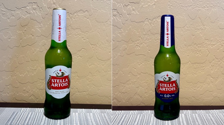 Side by side photos of a Stella Artois and Stella Artois 0.0 bottle