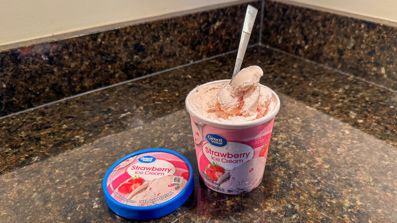 Strawberry ice cream on counter
