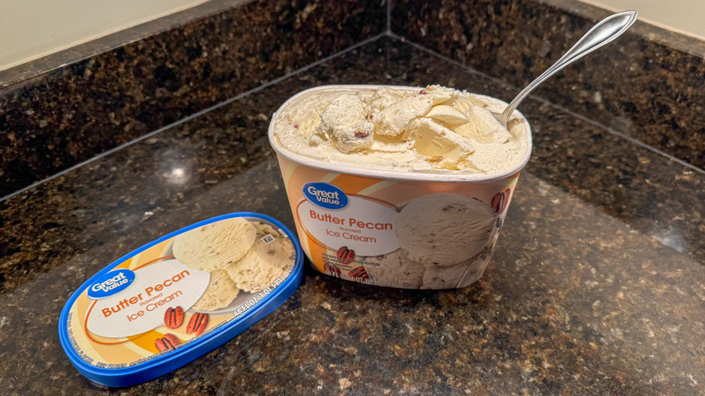 Great Value butter pecan ice cream on table