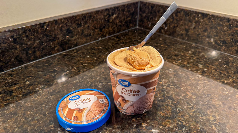 Coffee ice cream on countertop