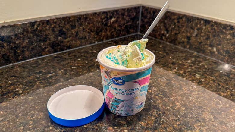 Birthday cake ice cream on surface