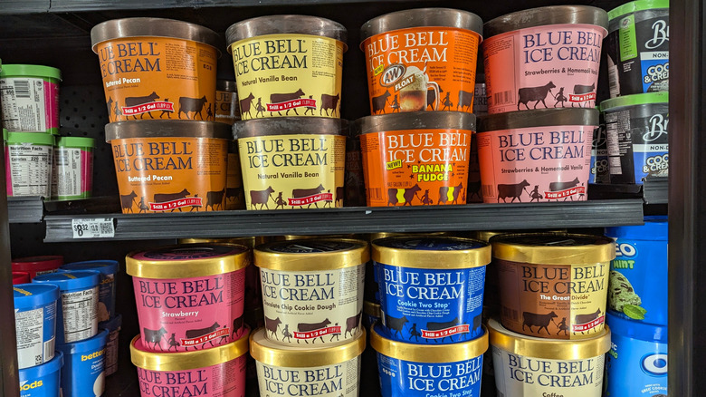 Blue Bell ice cream flavors line store shelves.