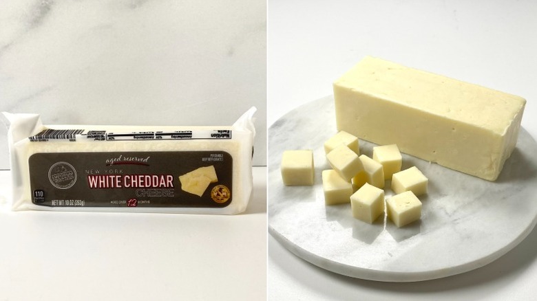Split image of the Emporium Selection Aged Reserved New York White Cheddar, both packaged and cubed