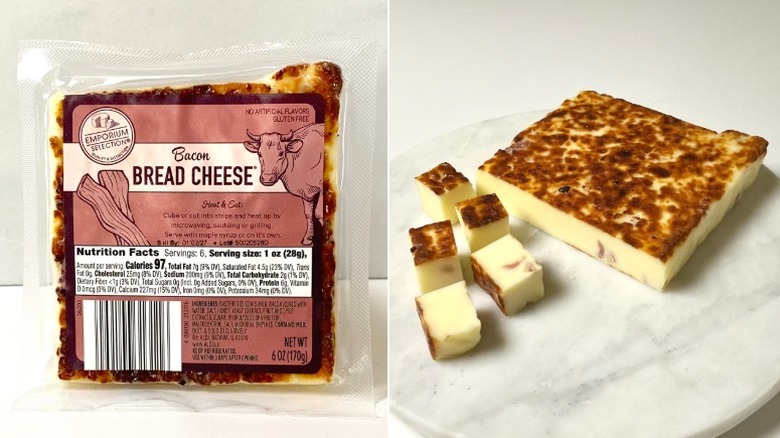 Split image of the Emporium Selection Bacon Bread Cheese, both packaged and cubed
