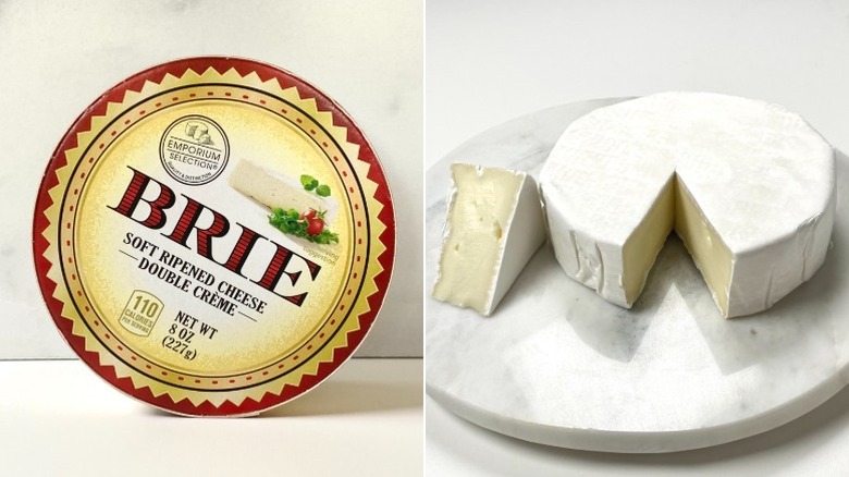 Split image of the Emporium Selection Brie, one in the package and the other opened with a wedge cut