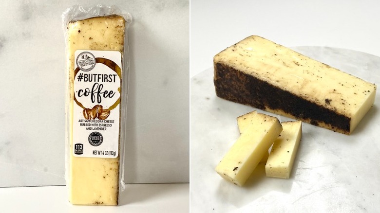 Split image of the Emporium Selection But First Coffee Cheddar, both packaged and sliced off the wedge