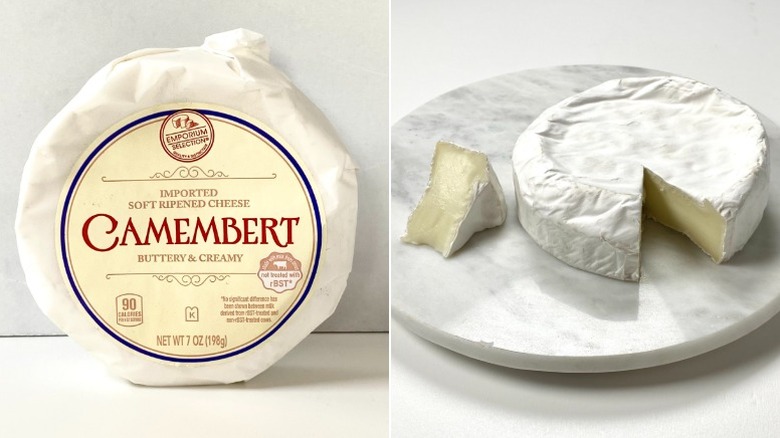 Split image of the Emporium Selection Camembert, one in the packaging and the other opened with a wedge cut
