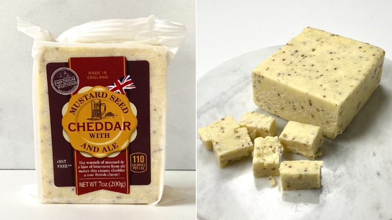Split image of the Emporium Selection Cheddar with Mustard Seed and Ale, both packaged and cubed