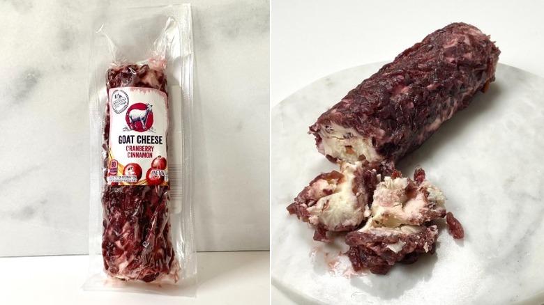 Split image of the  Emporium Selection Cranberry Cinnamon Goat Cheese, one packaged and the other served on a marble plate