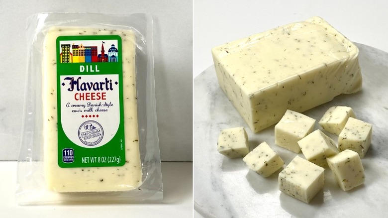 Split image of the Emporium Selection Dill Havarti, packaged and cubed.