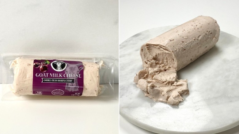 Split image of the Emporium Selection Double Cream Amarena Cherry Goat Log, both packaged and served on a marble plate