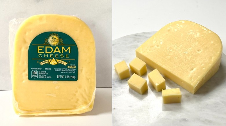 A split image of Emporium Selection's Edam Cheese, one in the package and the other cubed on a marble plate.
