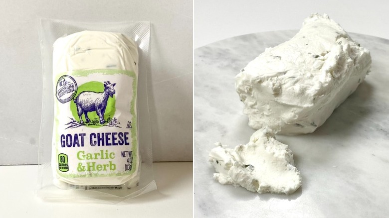 A split image of the Emporium Selection Garlic and Herb Goat Log, one packaged and the other unpackaged on a marble plate