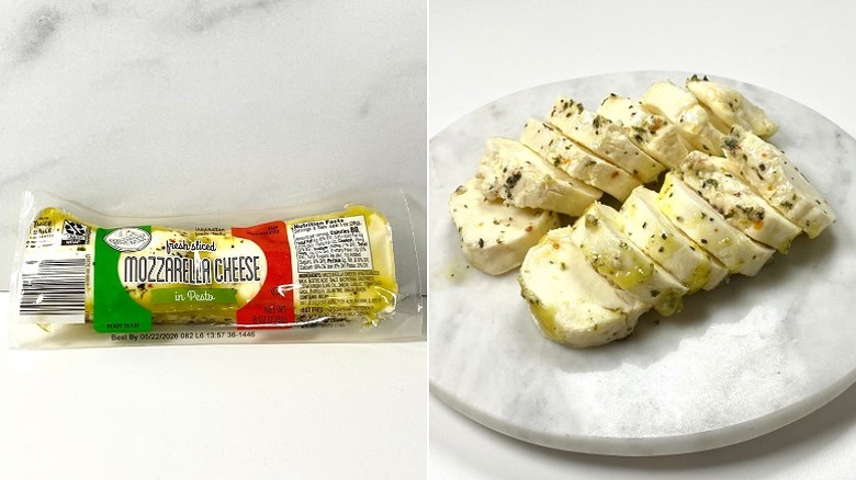 Split image, one packaged and the other sliced on a marble plate, of Emporium Selection's Fresh Sliced Mozzarella Cheese in Pesto