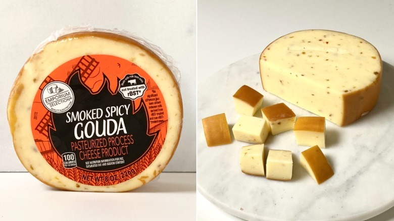 Split image of Emporium Selection Smoked Spicy Gouda, one packaged and the other cut in cubes on a marble plate.