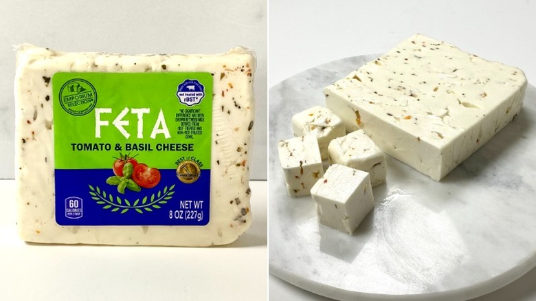 Split image of the Emporium Selection Tomato and Basil Feta, one packaged and the other open with cubes cut