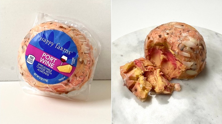 Split image, packaged and open on a marble slate, of the Happy Farms port wine cheese ball