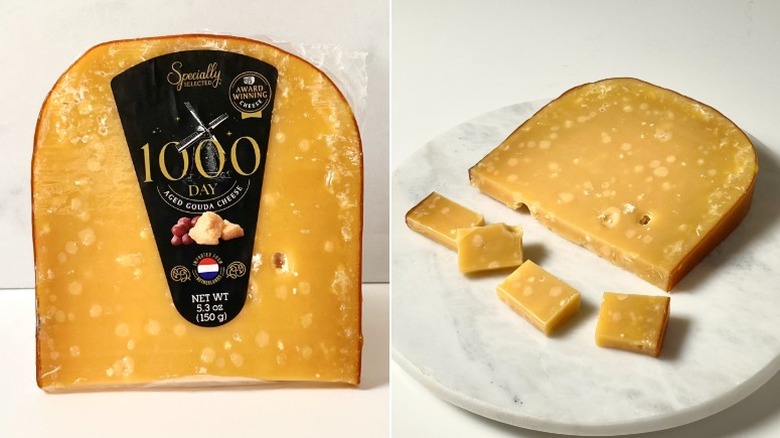 Split image of the Specially Selected 1,000-Day Aged Gouda, one packaged and the other cubed.