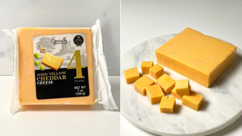 Split image of the Specially Selected 4-Year Aged Yellow Cheddar, both packaged and cubed