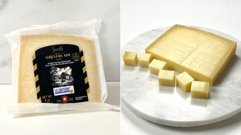 Split image of the Specially Selected Le Gruyère AOP, both packaged and cubed