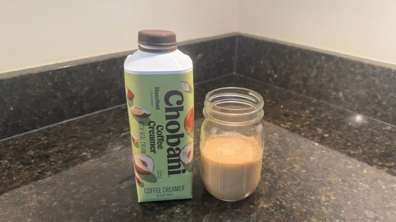 chobani hazelnut creamer in container and in coffee