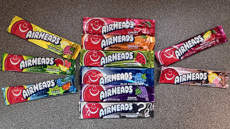 11 AirHeads flavors on countertop