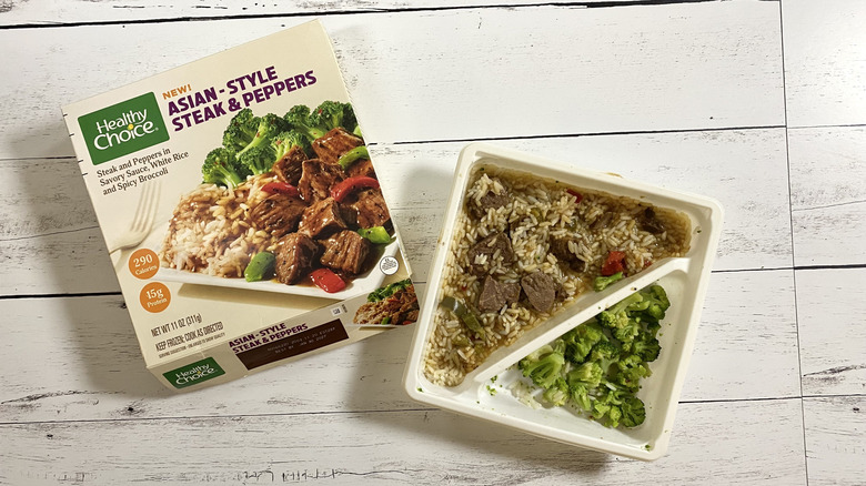 The box and tray of Healthy Choice Asian-Style Steak & Peppers