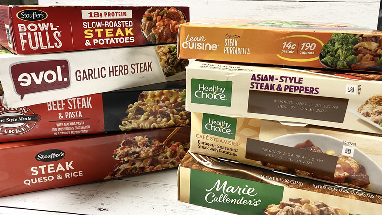 Two stacks of frozen steak dinner boxes