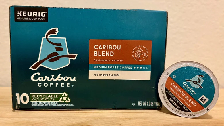 Caribou blend medium  roast box and coffee pod.