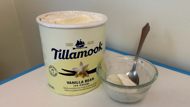 Tub and bowl of Tillamook Vanilla Bean Ice Cream