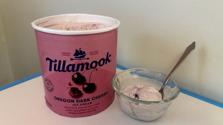 Tub and bowl of Tillamook Oregon Dark Cherry Ice Cream